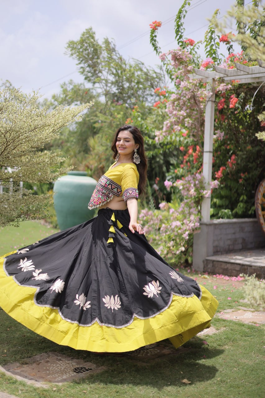 Womenline Yellow Kutchi Embroidered Choli with Black Designer Navratri Lehenga