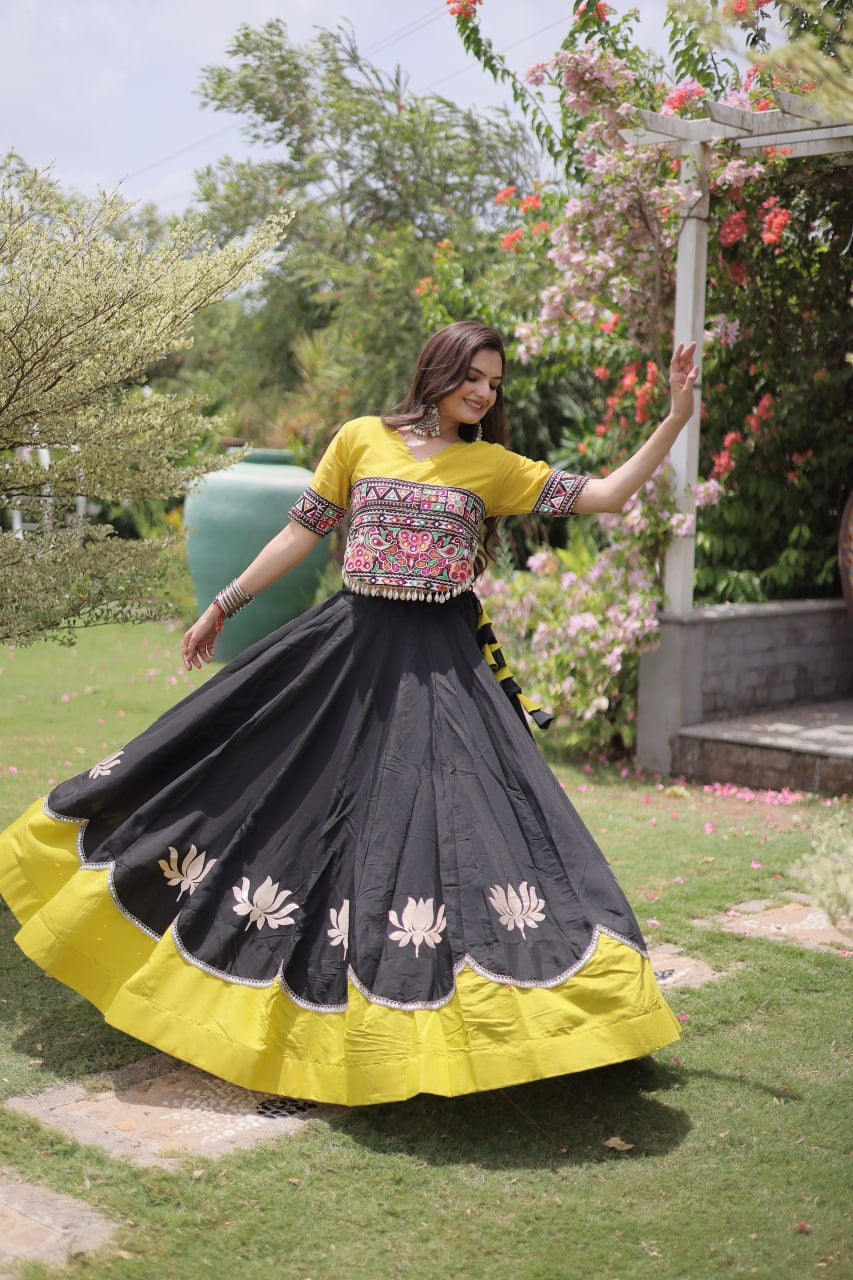 Womenline Yellow Kutchi Embroidered Choli with Black Designer Navratri Lehenga
