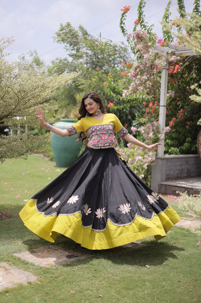 Womenline Yellow Kutchi Embroidered Choli with Black Designer Navratri Lehenga