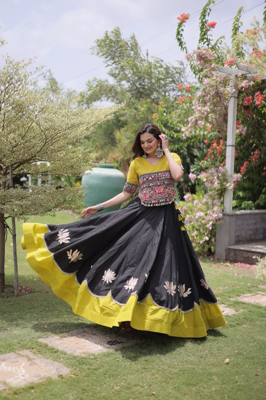 Womenline Yellow Kutchi Embroidered Choli with Black Designer Navratri Lehenga