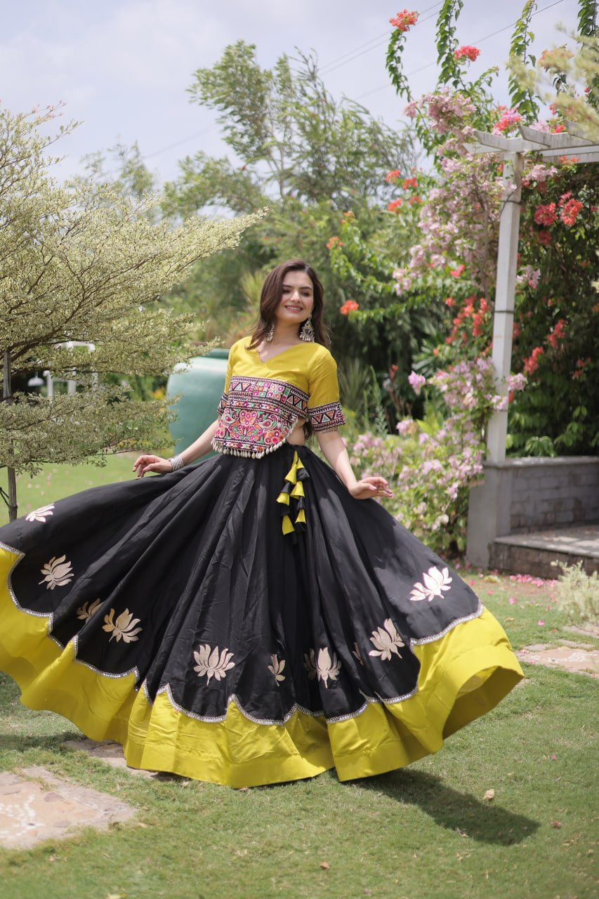 Womenline Yellow Kutchi Embroidered Choli with Black Designer Navratri Lehenga
