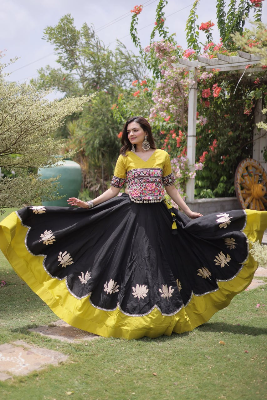 Womenline Yellow Kutchi Embroidered Choli with Black Designer Navratri Lehenga