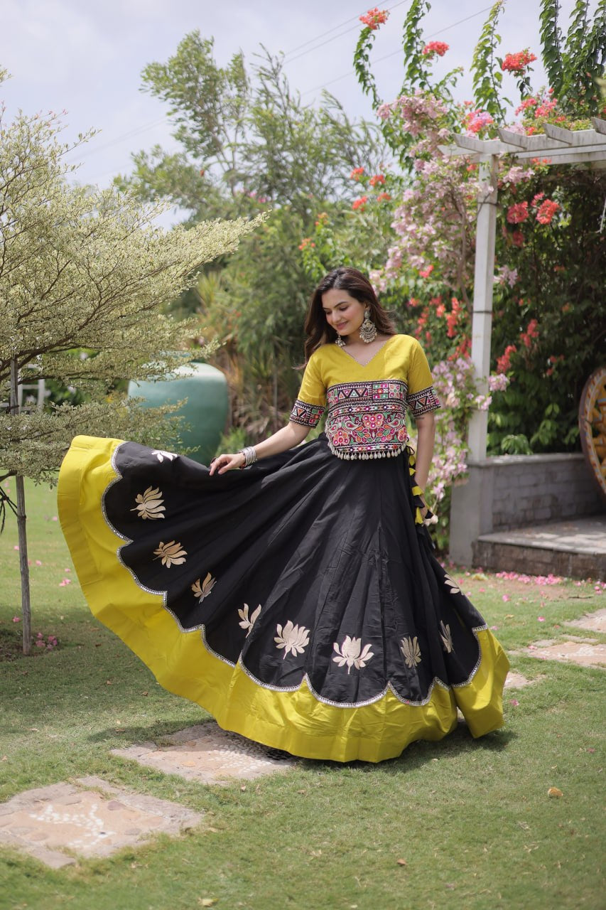Womenline Yellow Kutchi Embroidered Choli with Black Designer Navratri Lehenga