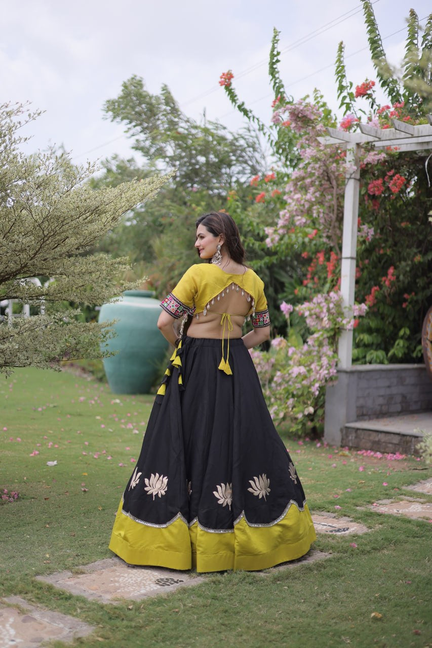 Womenline Yellow Kutchi Embroidered Choli with Black Designer Navratri Lehenga