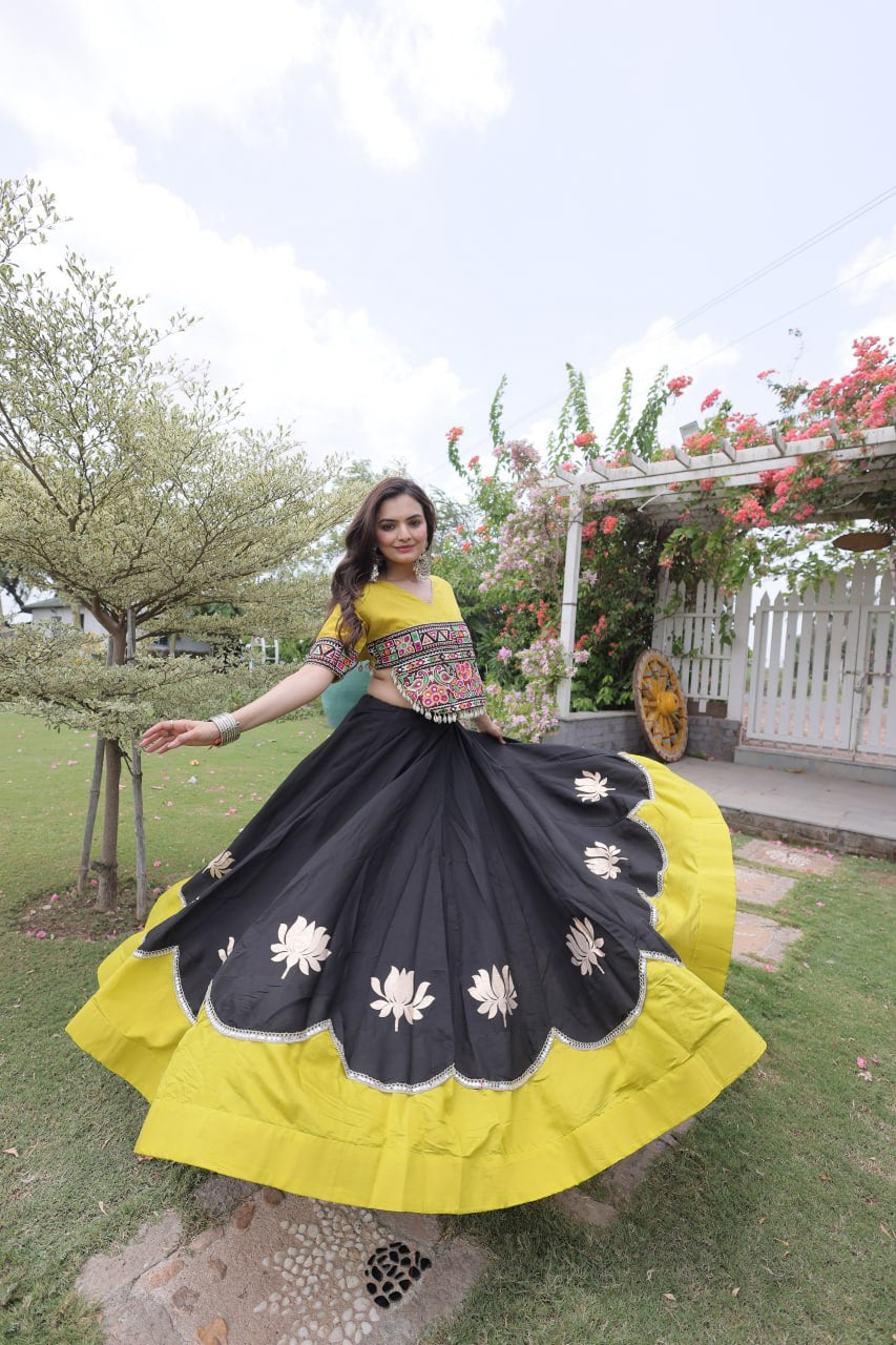 Womenline Yellow Kutchi Embroidered Choli with Black Designer Navratri Lehenga