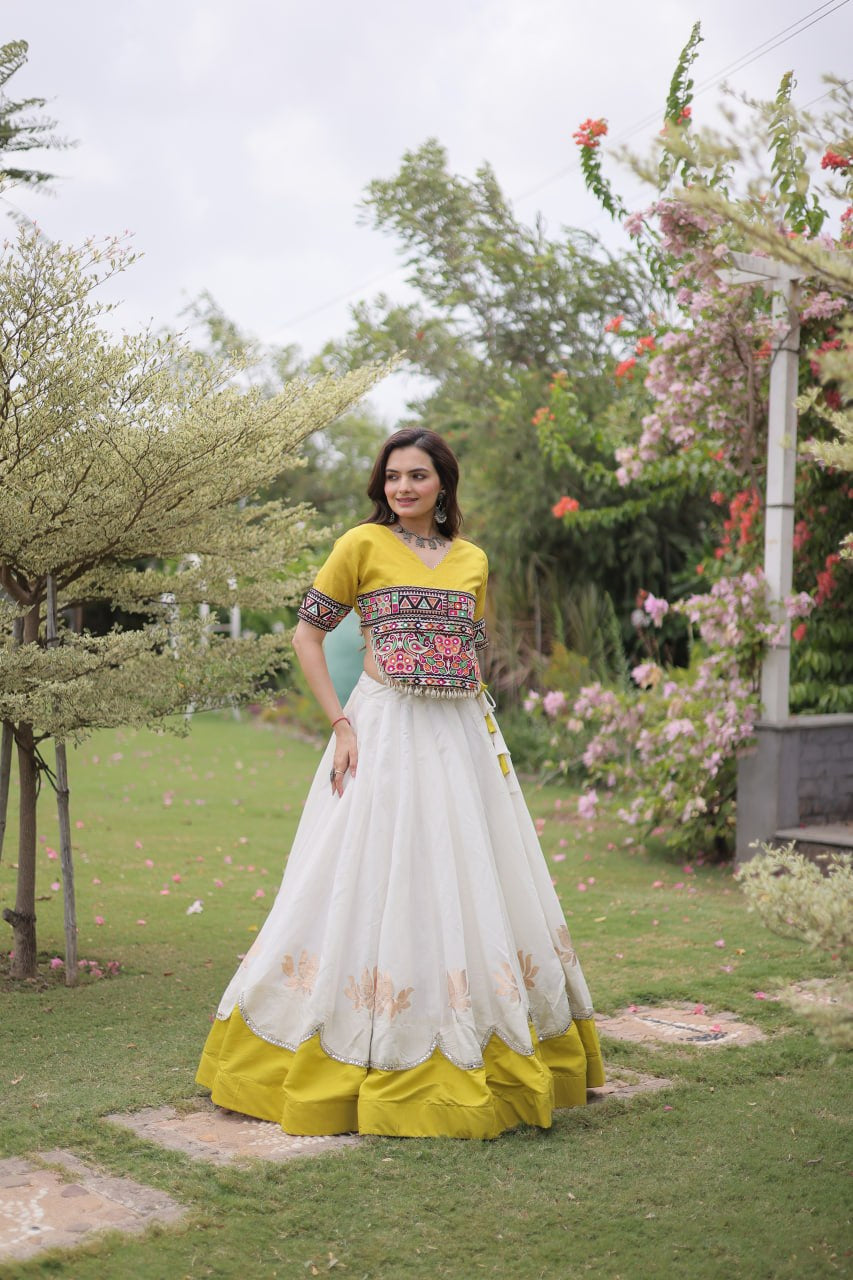 Womenline Yellow Kutchi Embroidered Choli with White Designer Navratri Lehenga