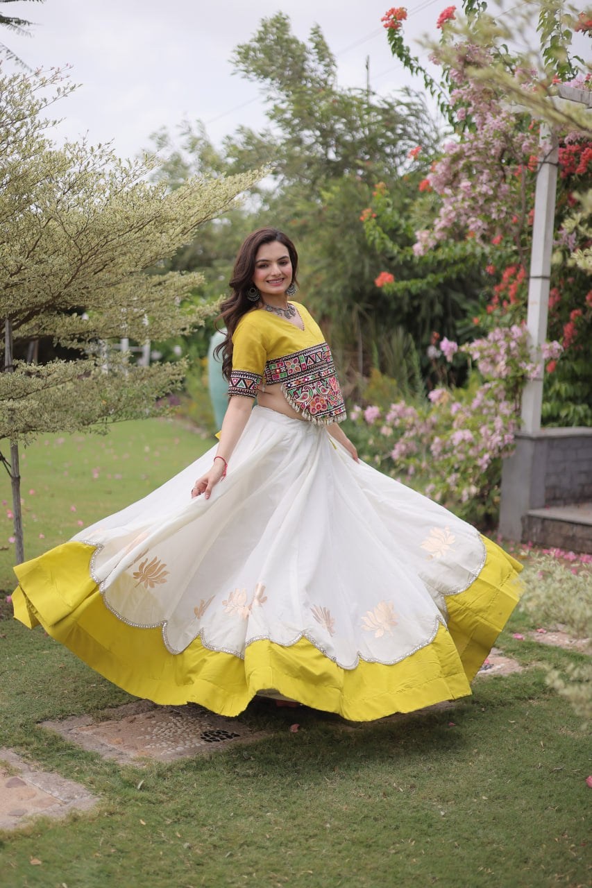Womenline Yellow Kutchi Embroidered Choli with White Designer Navratri Lehenga