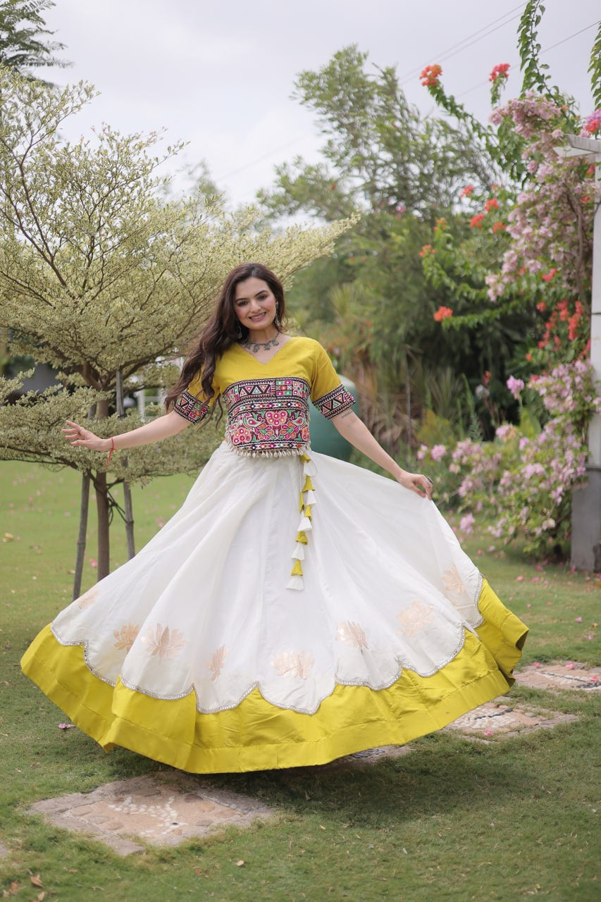 Womenline Yellow Kutchi Embroidered Choli with White Designer Navratri Lehenga