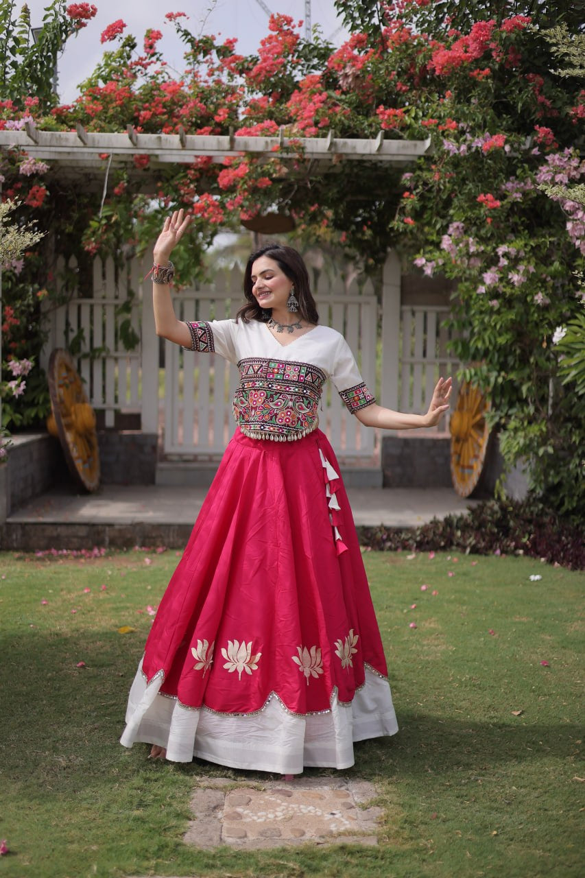 Womenline White Kutchi Embroidered Choli with Pink Designer Navratri Lehenga