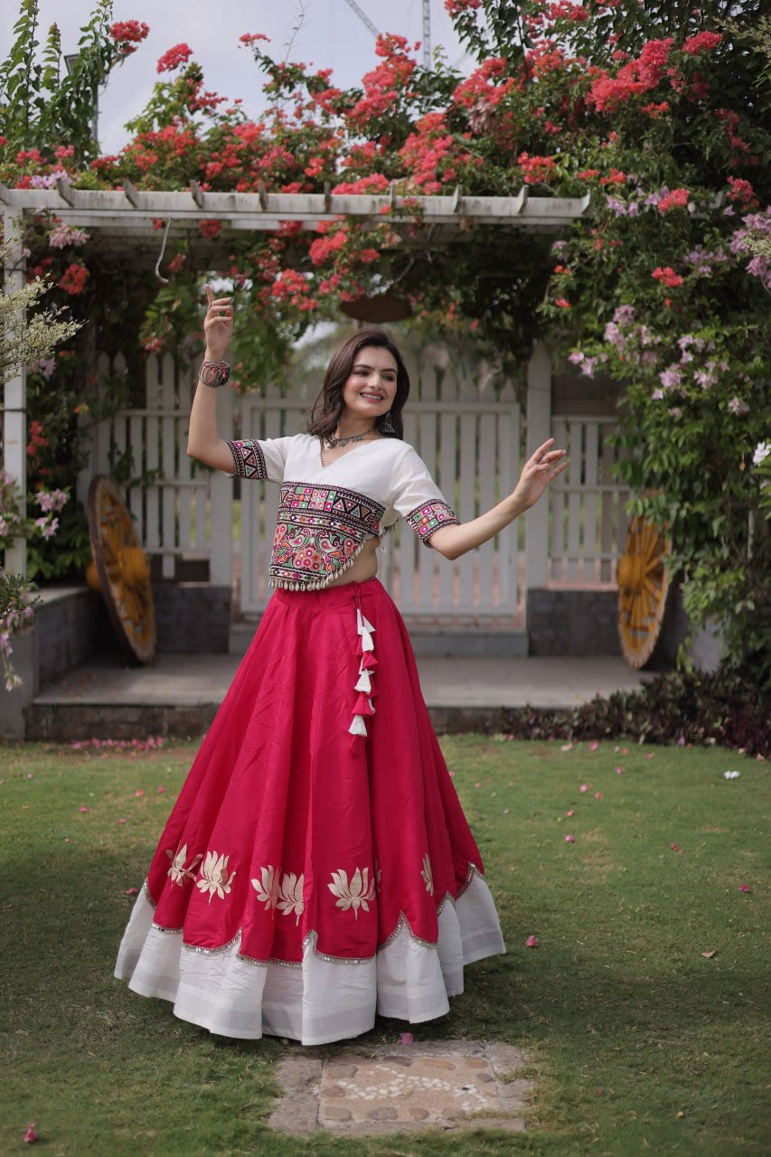Womenline White Kutchi Embroidered Choli with Pink Designer Navratri Lehenga