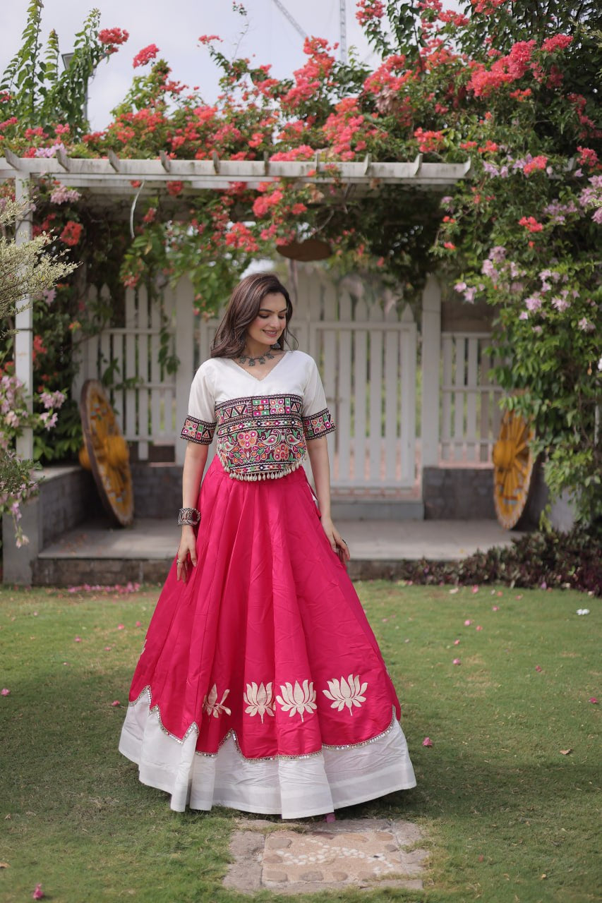 Womenline White Kutchi Embroidered Choli with Pink Designer Navratri Lehenga