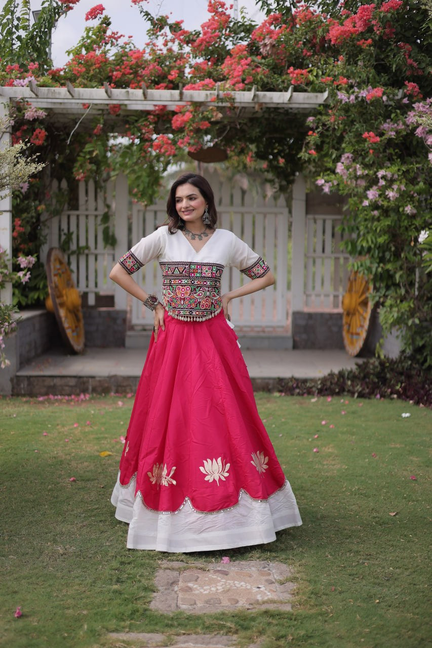 Womenline White Kutchi Embroidered Choli with Pink Designer Navratri Lehenga