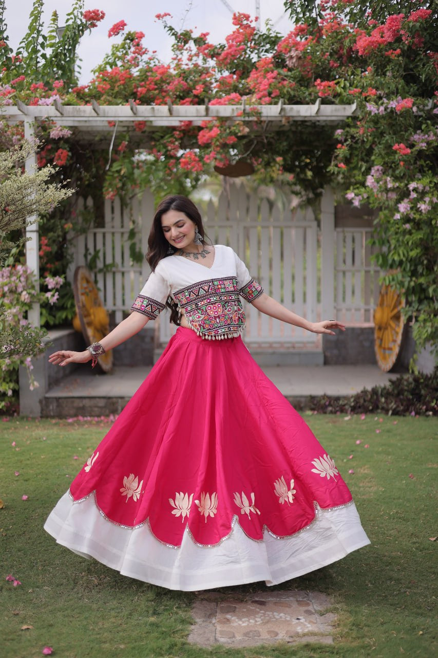 Womenline White Kutchi Embroidered Choli with Pink Designer Navratri Lehenga