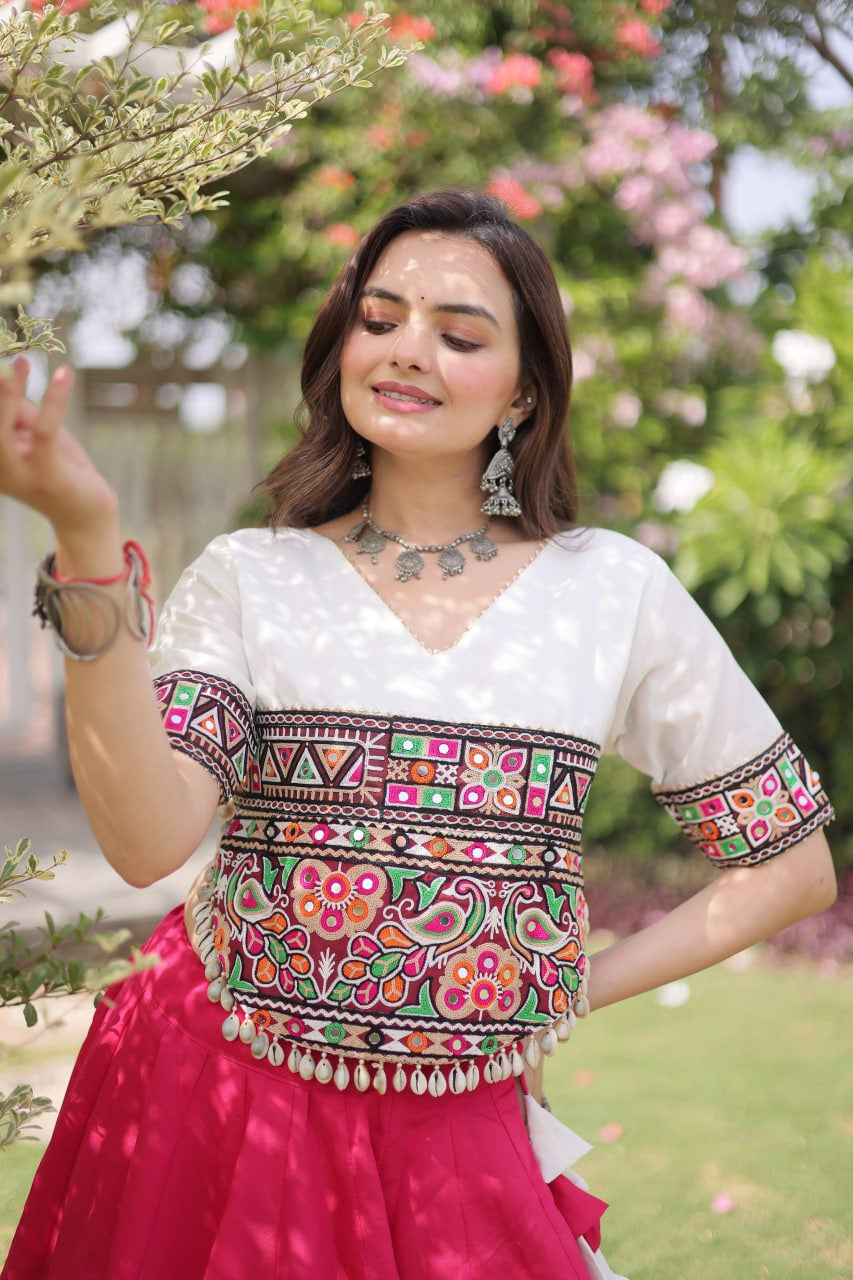 Womenline White Kutchi Embroidered Choli with Pink Designer Navratri Lehenga