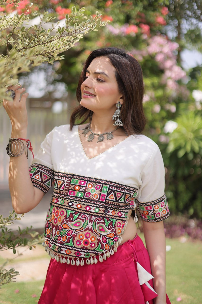 Womenline White Kutchi Embroidered Choli with Pink Designer Navratri Lehenga