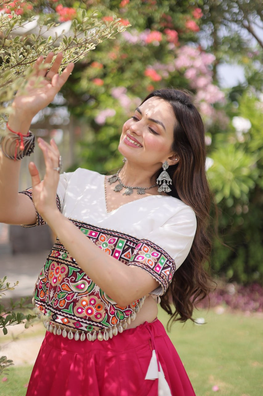 Womenline White Kutchi Embroidered Choli with Pink Designer Navratri Lehenga