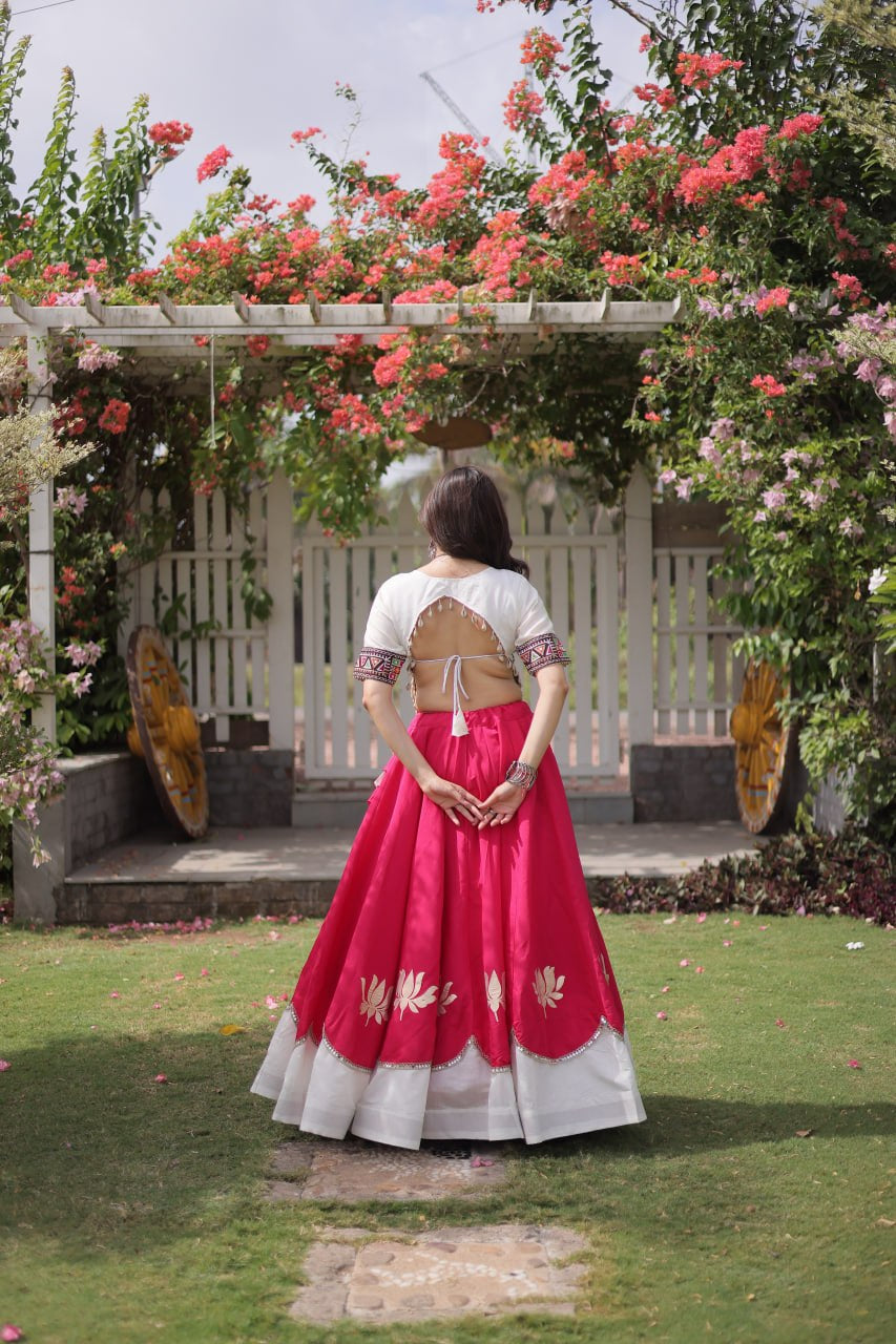 Womenline White Kutchi Embroidered Choli with Pink Designer Navratri Lehenga