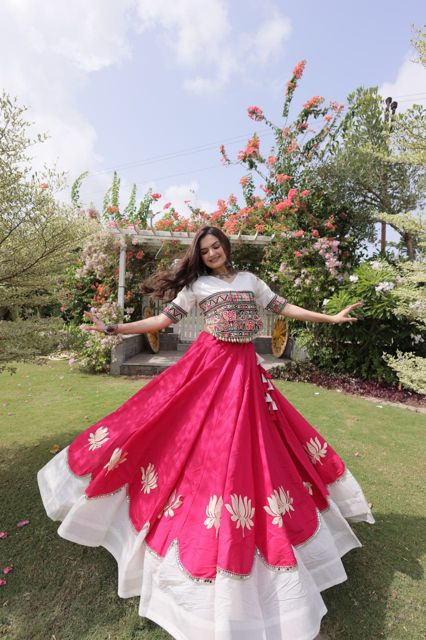 Womenline White Kutchi Embroidered Choli with Pink Designer Navratri Lehenga