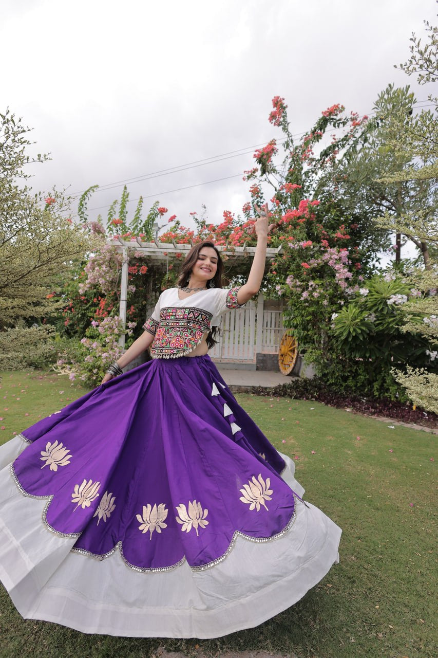 Womenline White Kutchi Embroidered Choli with Purple Designer Navratri Lehenga