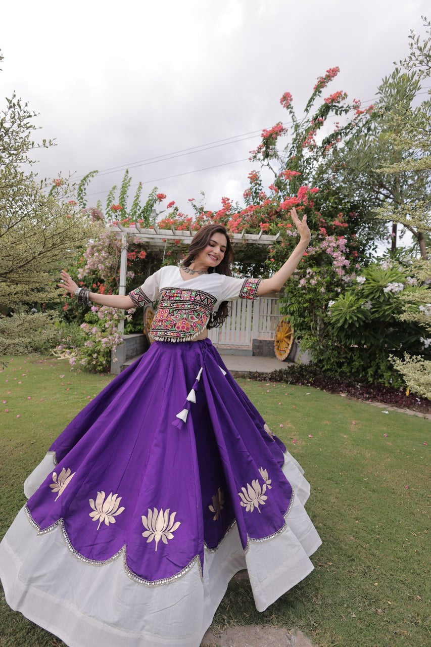 Womenline White Kutchi Embroidered Choli with Purple Designer Navratri Lehenga