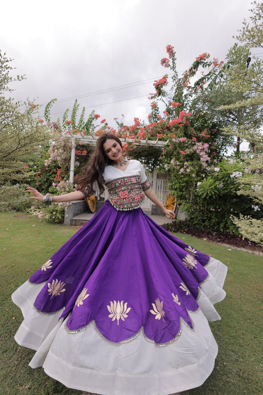 Womenline White Kutchi Embroidered Choli with Purple Designer Navratri Lehenga
