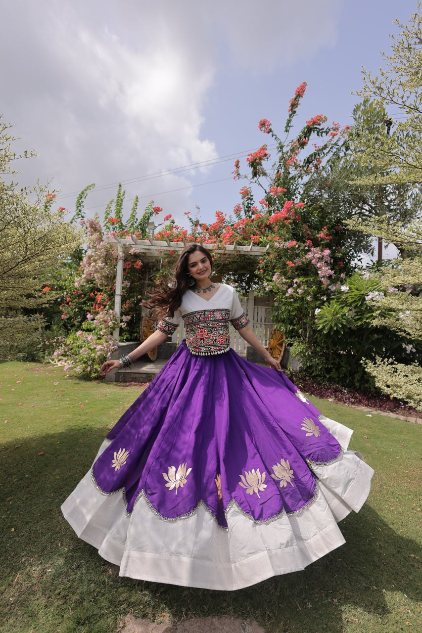 Womenline White Kutchi Embroidered Choli with Purple Designer Navratri Lehenga