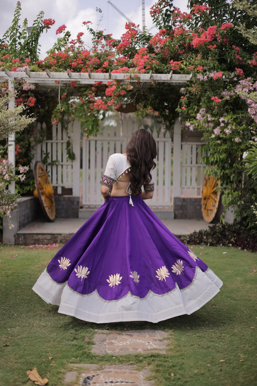 Womenline White Kutchi Embroidered Choli with Purple Designer Navratri Lehenga