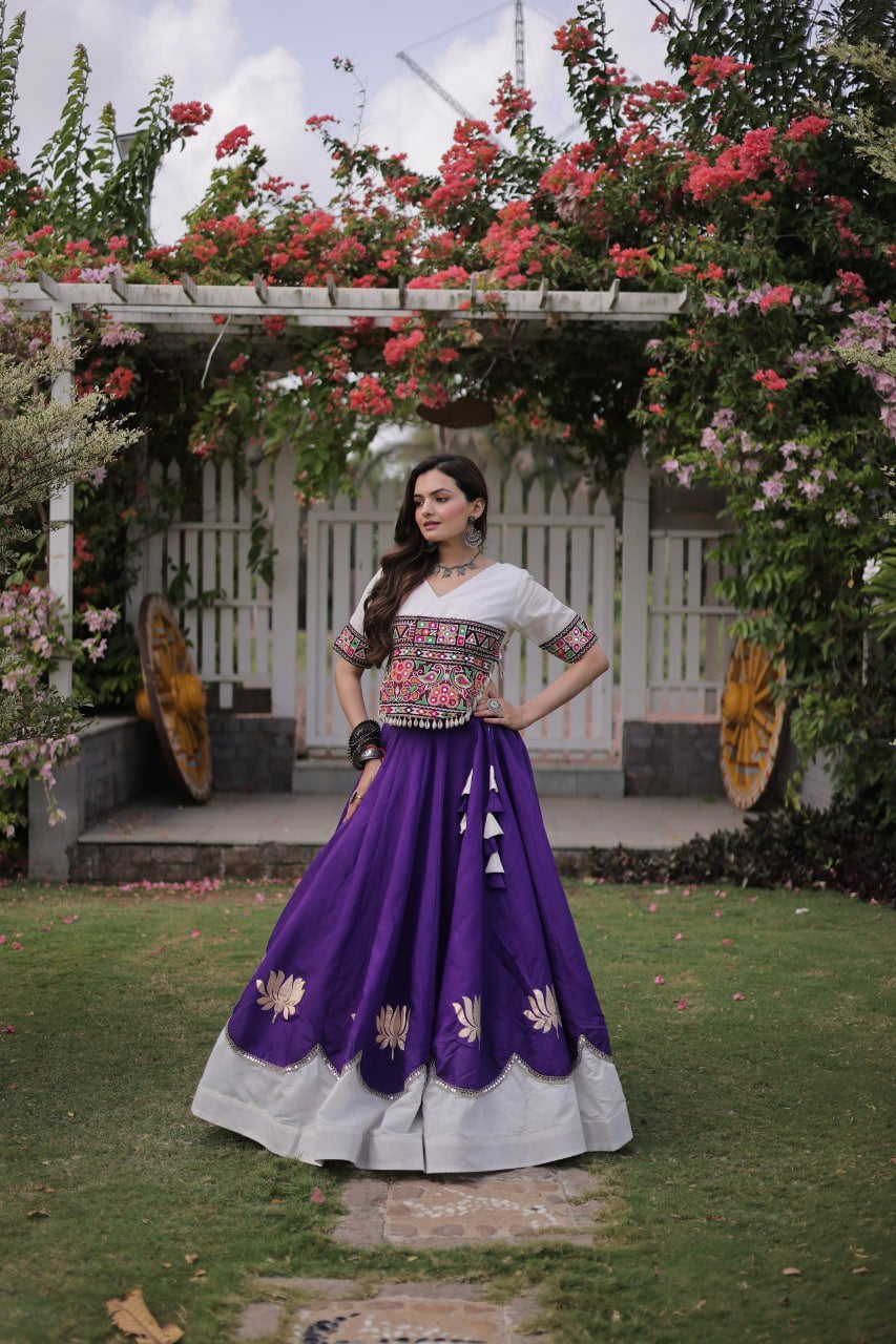 Womenline White Kutchi Embroidered Choli with Purple Designer Navratri Lehenga