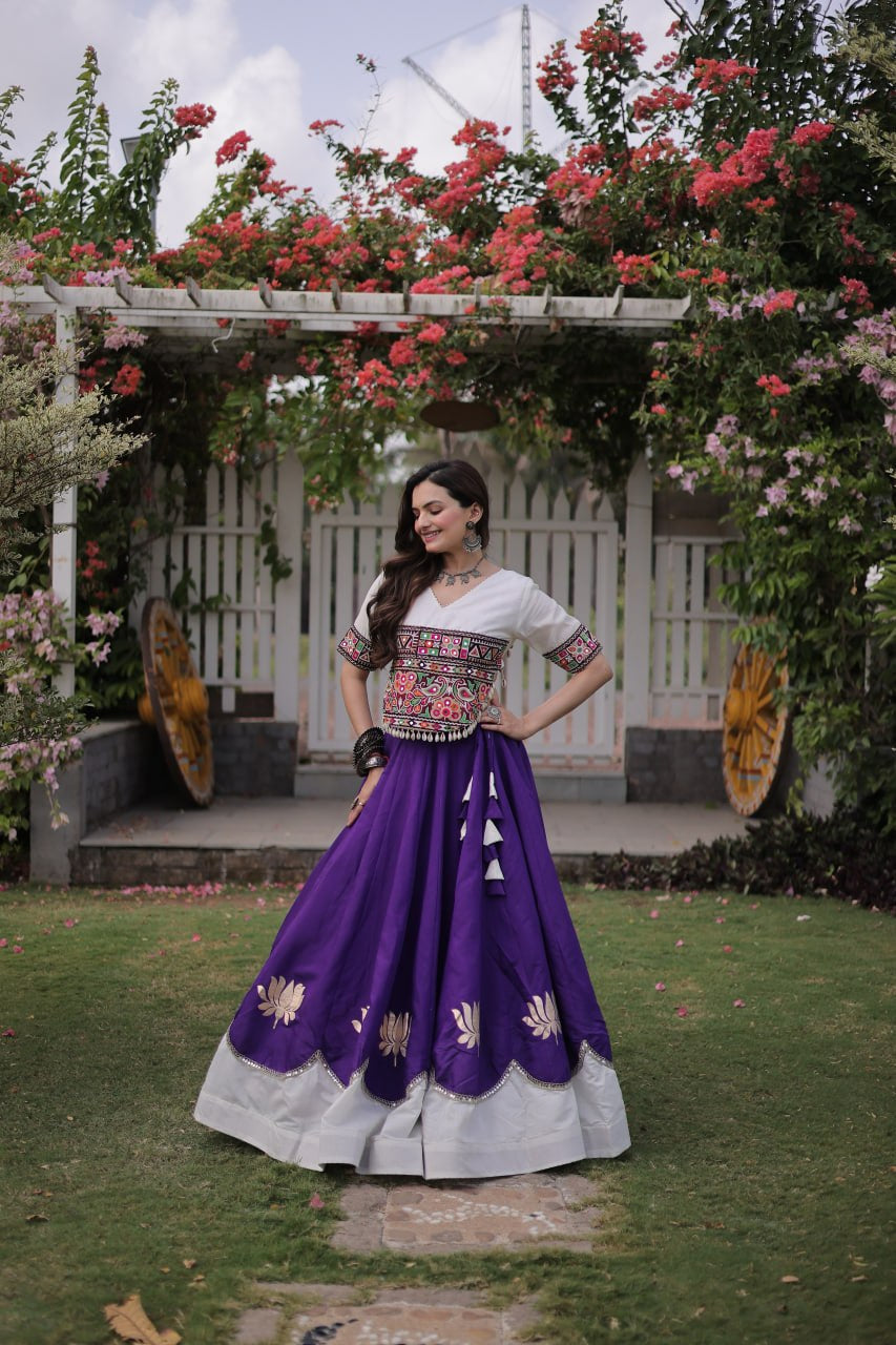 Womenline White Kutchi Embroidered Choli with Purple Designer Navratri Lehenga