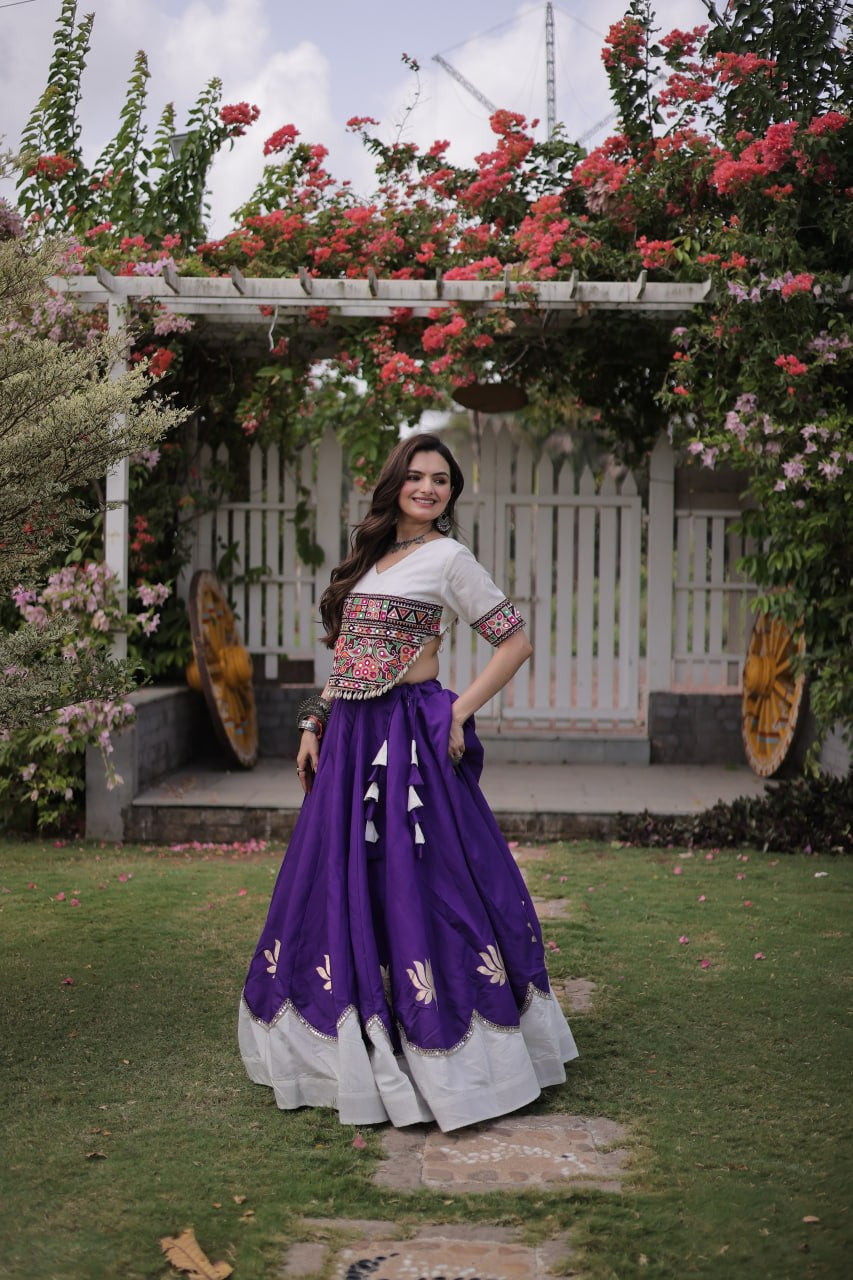 Womenline White Kutchi Embroidered Choli with Purple Designer Navratri Lehenga
