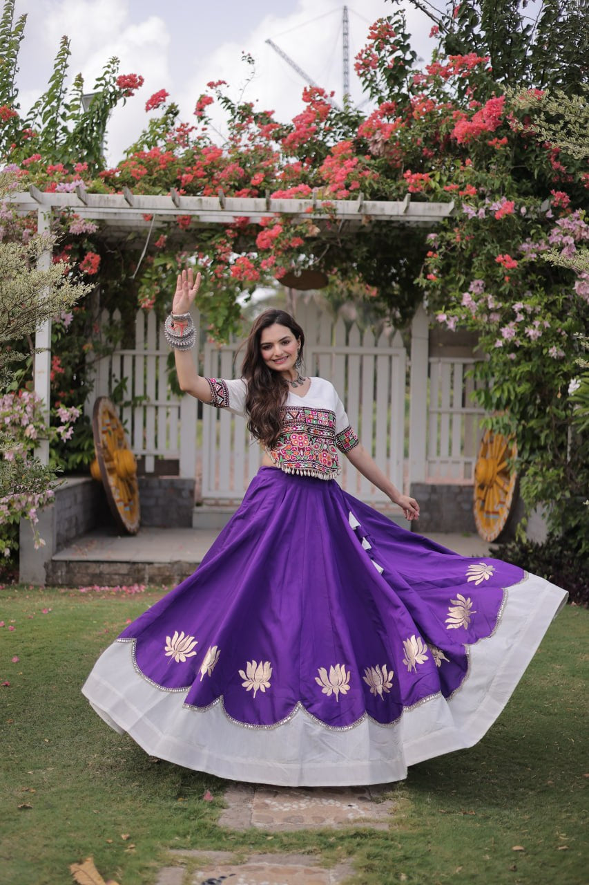 Womenline White Kutchi Embroidered Choli with Purple Designer Navratri Lehenga