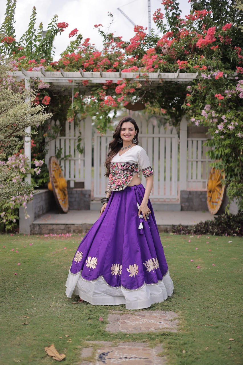 Womenline White Kutchi Embroidered Choli with Purple Designer Navratri Lehenga