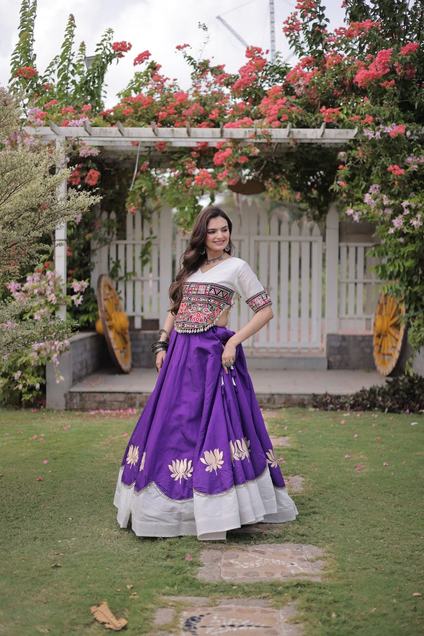Womenline White Kutchi Embroidered Choli with Purple Designer Navratri Lehenga