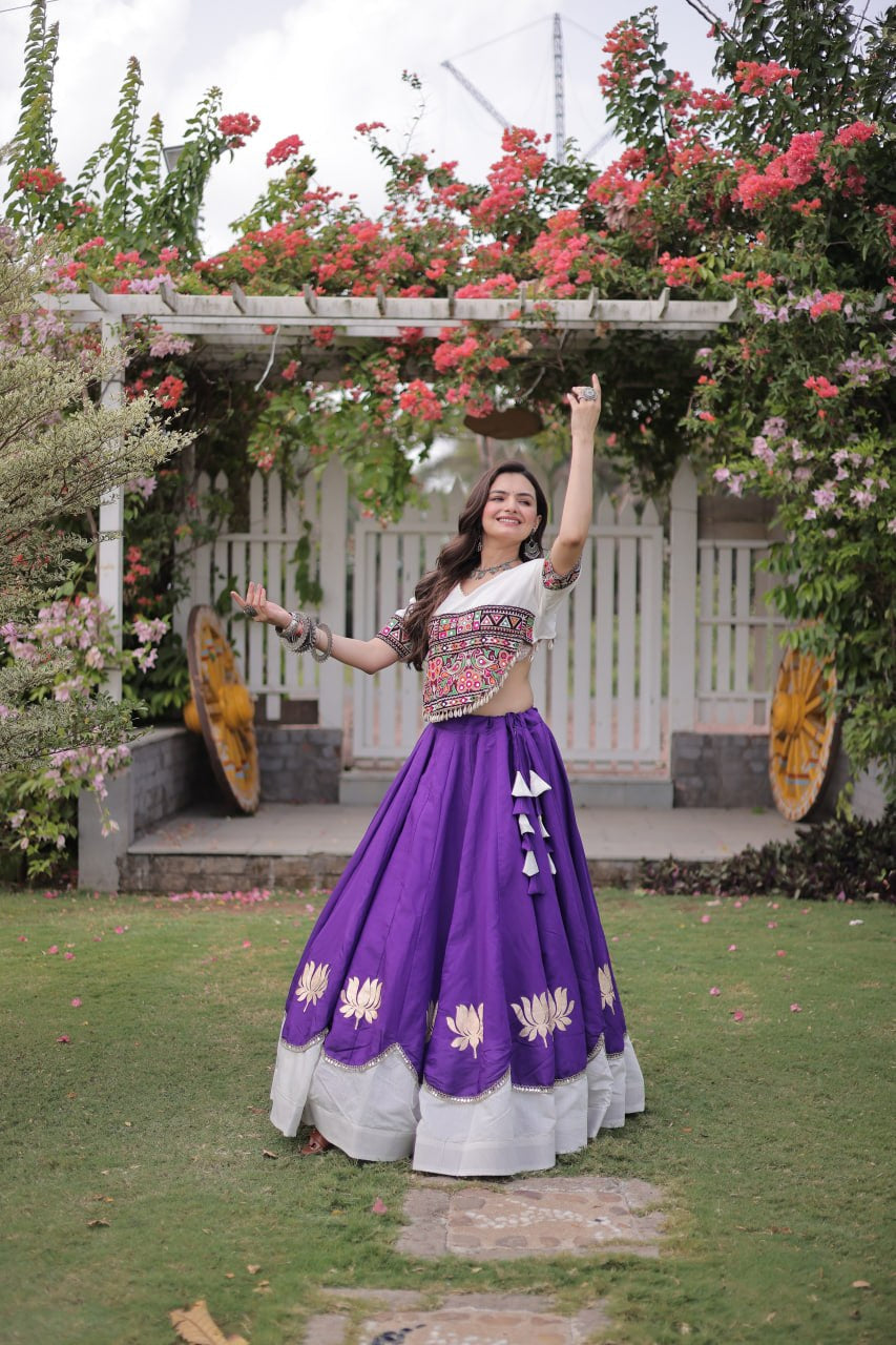 Womenline White Kutchi Embroidered Choli with Purple Designer Navratri Lehenga