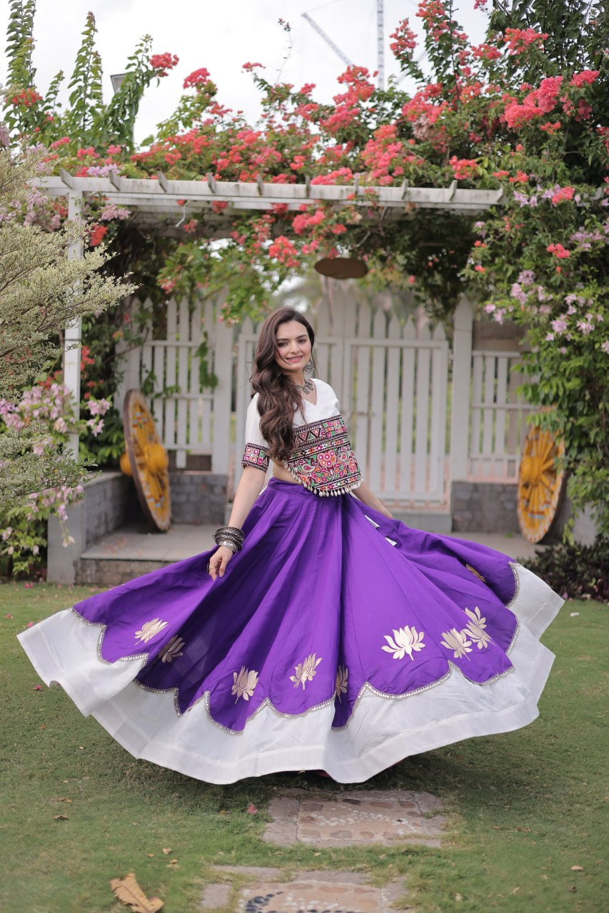 Womenline White Kutchi Embroidered Choli with Purple Designer Navratri Lehenga