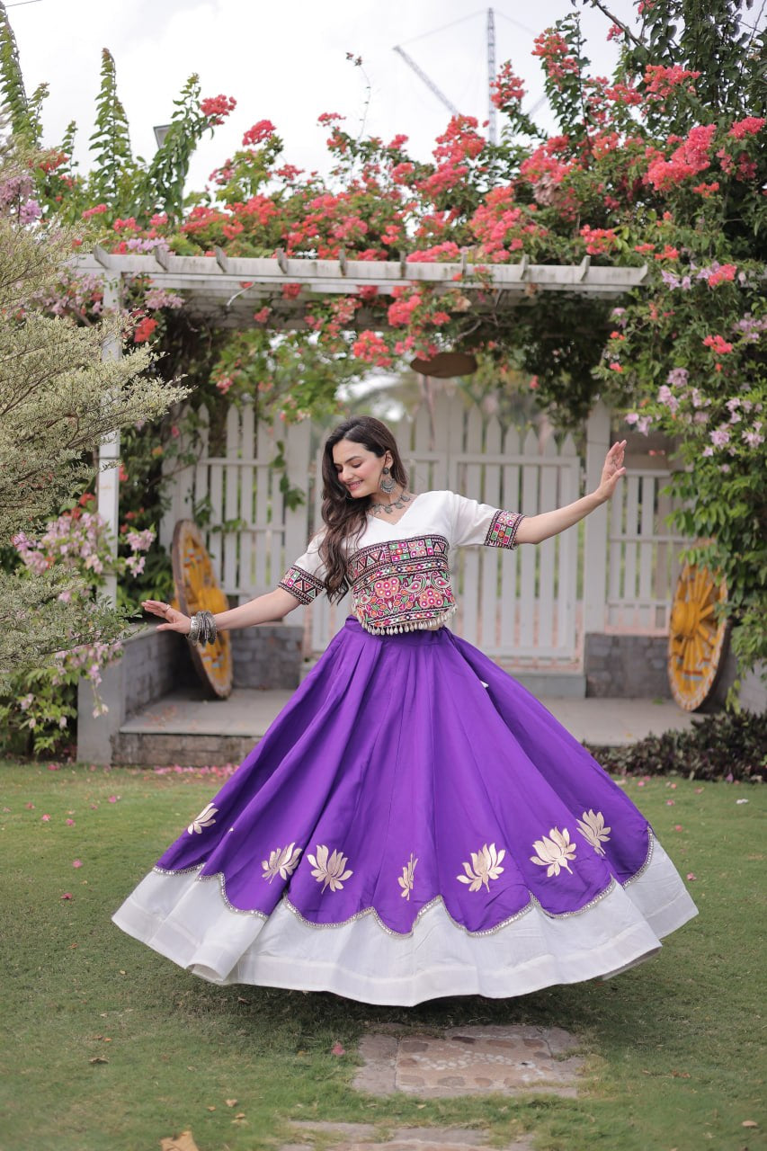 Womenline White Kutchi Embroidered Choli with Purple Designer Navratri Lehenga