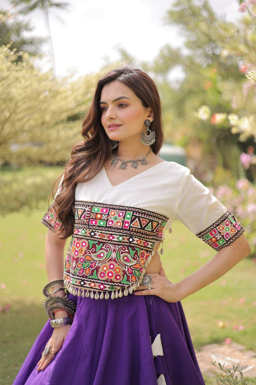 Womenline White Kutchi Embroidered Choli with Purple Designer Navratri Lehenga