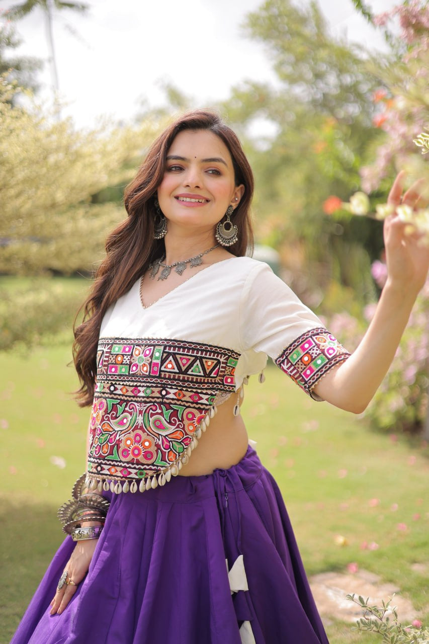 Womenline White Kutchi Embroidered Choli with Purple Designer Navratri Lehenga