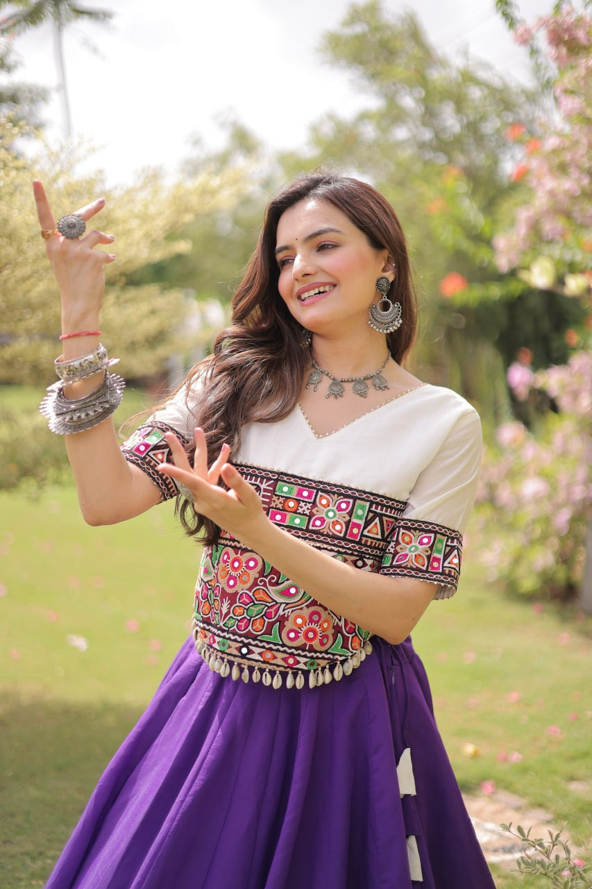 Womenline White Kutchi Embroidered Choli with Purple Designer Navratri Lehenga