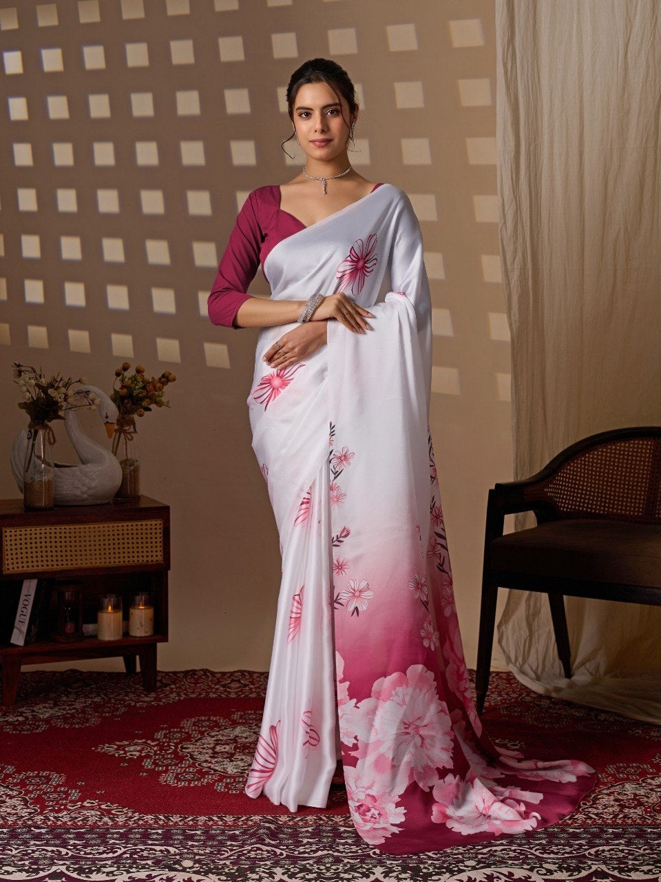 Womenline White & Wine Floral Printed Georgette Saree with Designer Blouse