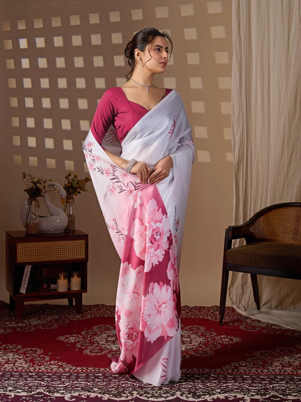 Womenline White & Wine Floral Printed Georgette Saree with Designer Blouse