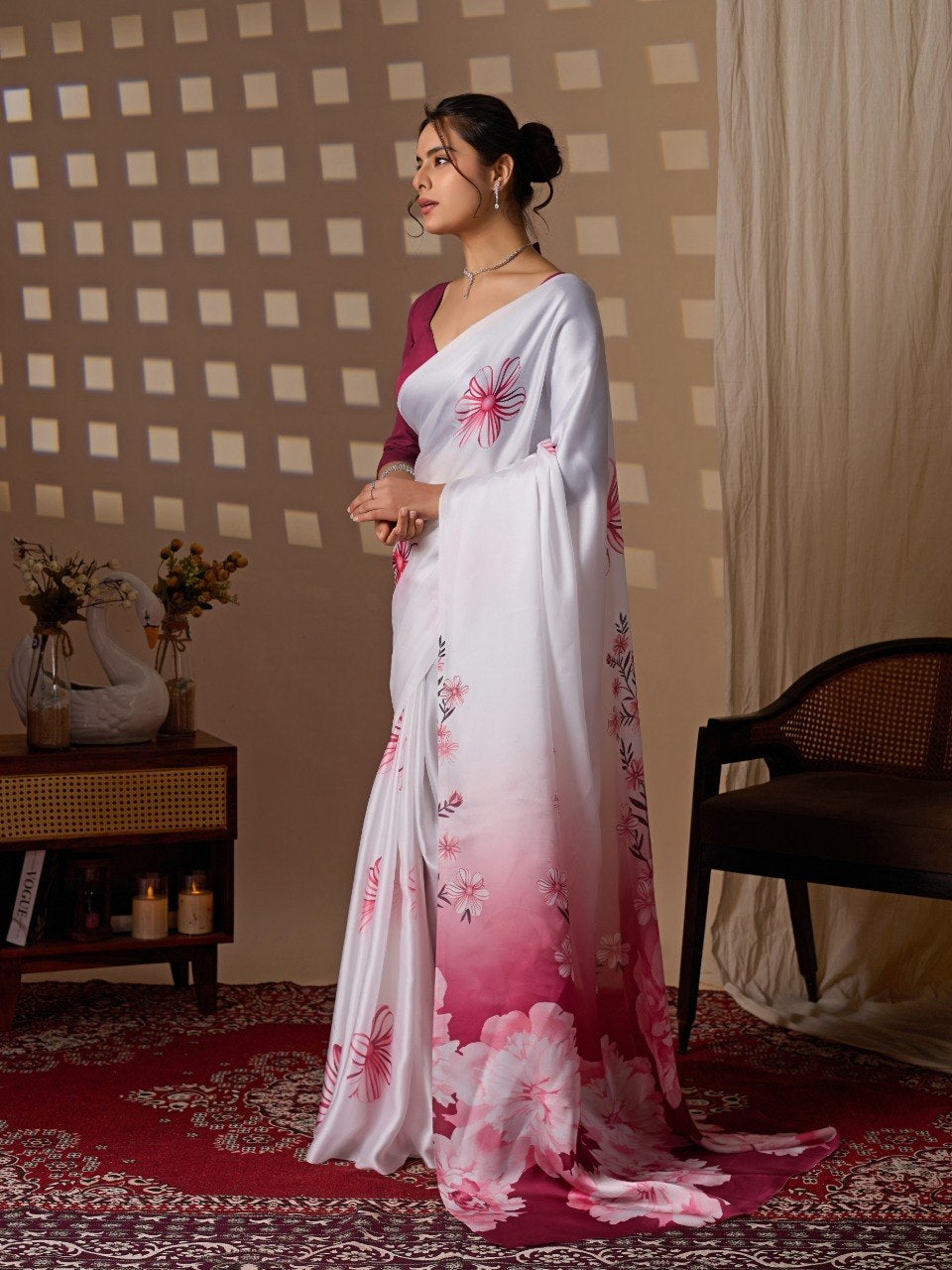 Womenline White & Wine Floral Printed Georgette Saree with Designer Blouse