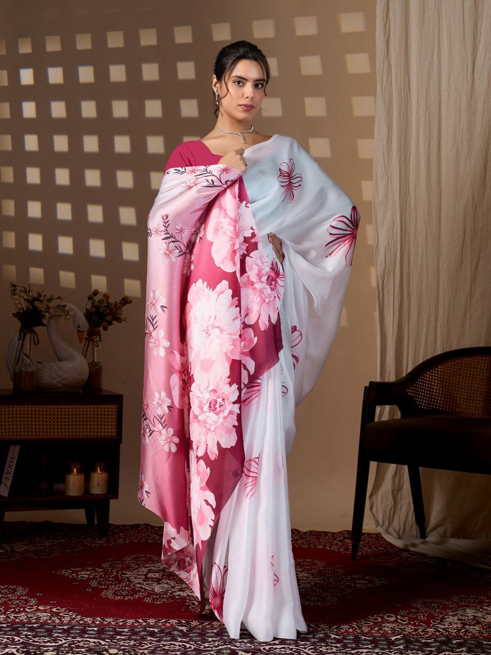 Womenline White & Wine Floral Printed Georgette Saree with Designer Blouse