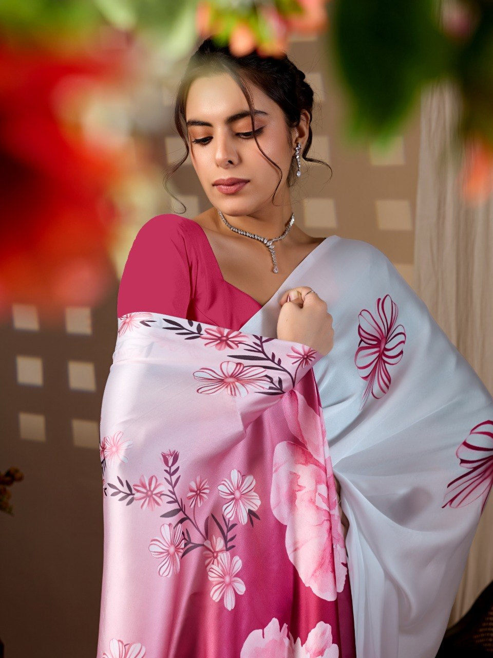 Womenline White & Wine Floral Printed Georgette Saree with Designer Blouse