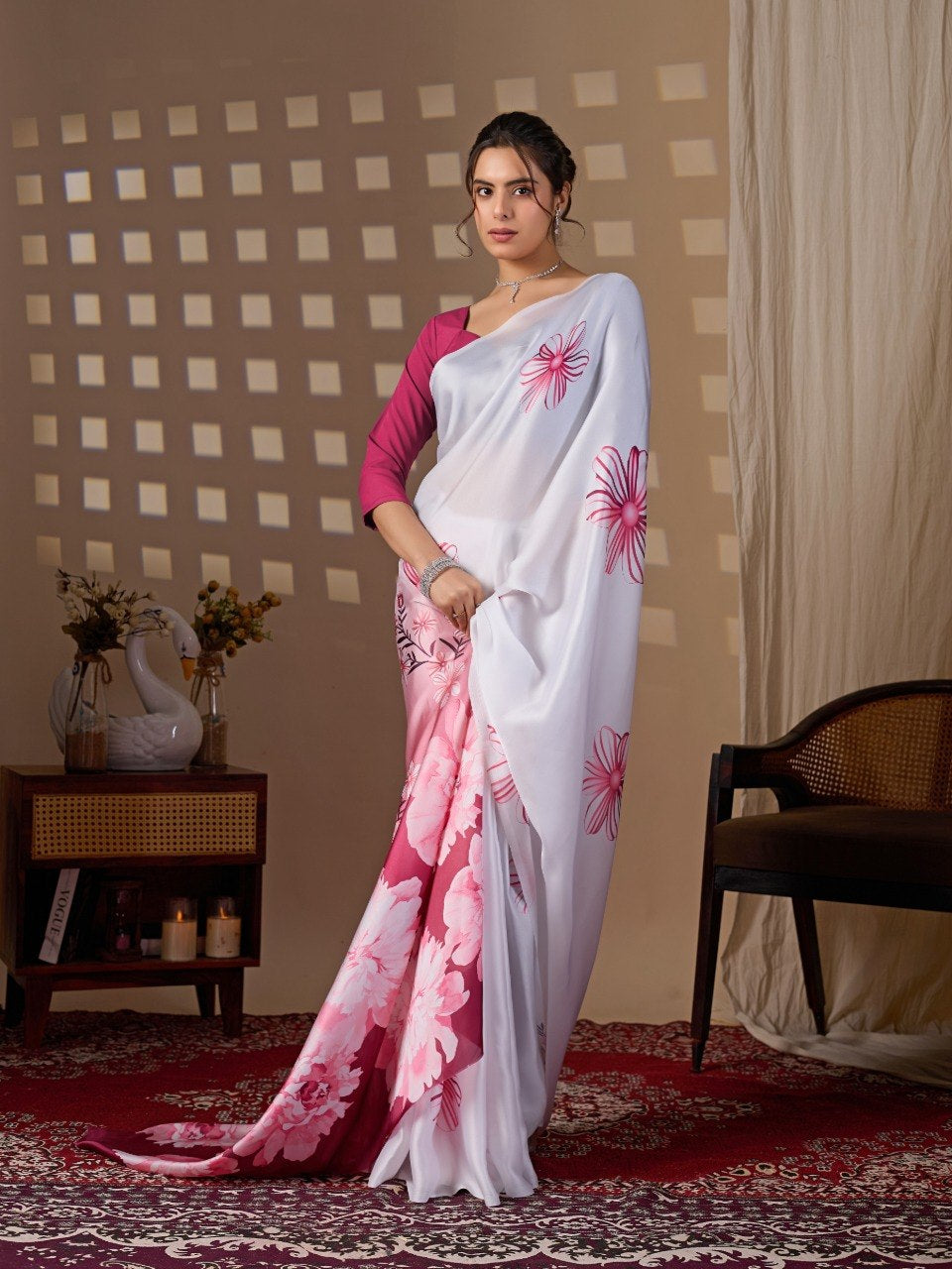 Womenline White & Wine Floral Printed Georgette Saree with Designer Blouse