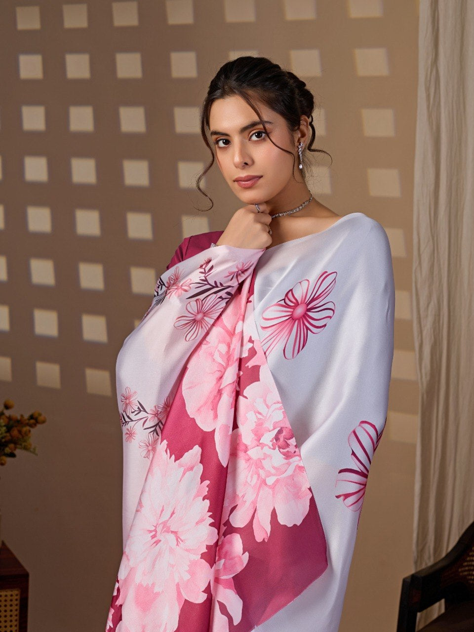Womenline White & Wine Floral Printed Georgette Saree with Designer Blouse