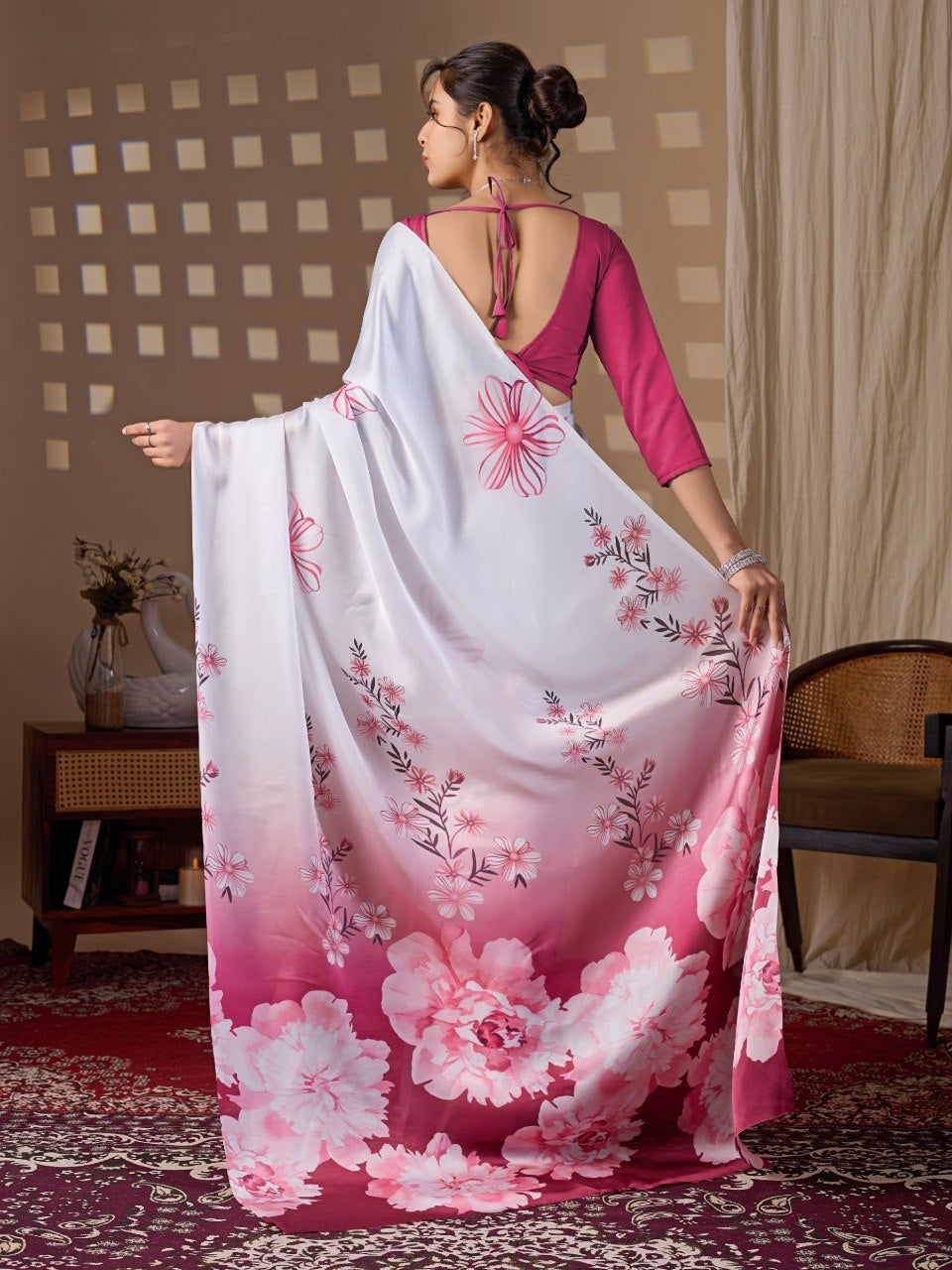 Womenline White & Wine Floral Printed Georgette Saree with Designer Blouse