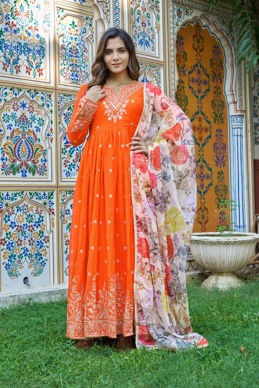 Womenline Elegant Bright Orange Embroidered Anarkali Suit Set with Floral Dupatta