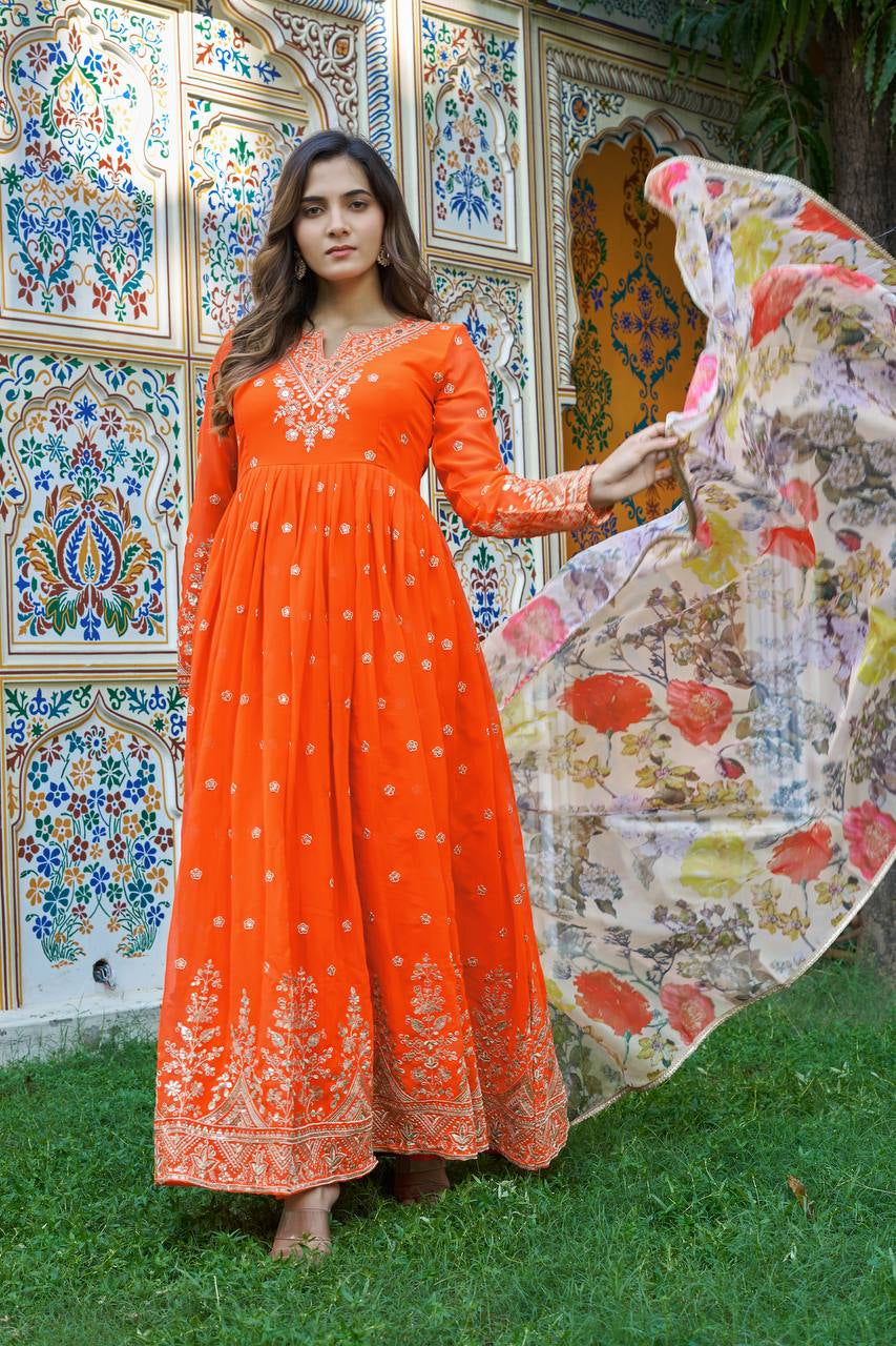 Womenline Elegant Bright Orange Embroidered Anarkali Suit Set with Floral Dupatta