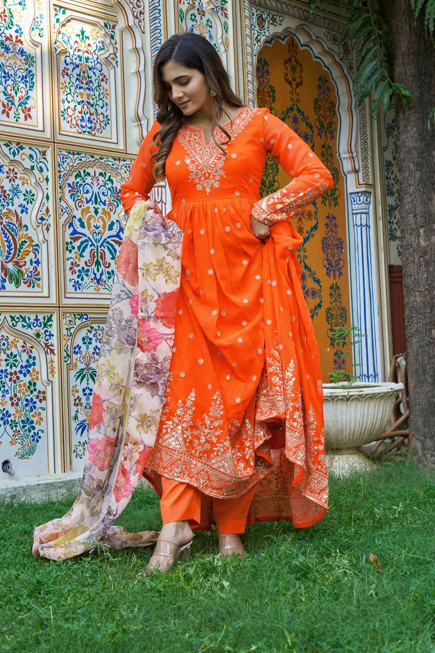 Womenline Elegant Bright Orange Embroidered Anarkali Suit Set with Floral Dupatta